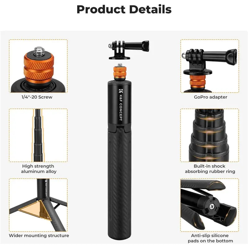 K&F Concept Invisible Mode Camera Selfie Stick Tripod - 120Cm/47.2In Portable Aluminium Adjustable Compact Monopod, 1/4" Thread Extension Pole with Gopro Adapter, Compatible with Insta360 X5/X4/X3, Gopro Hero 13/12/11, DJI OSMO 360 Pocket 3/XTRA, Stand, S
