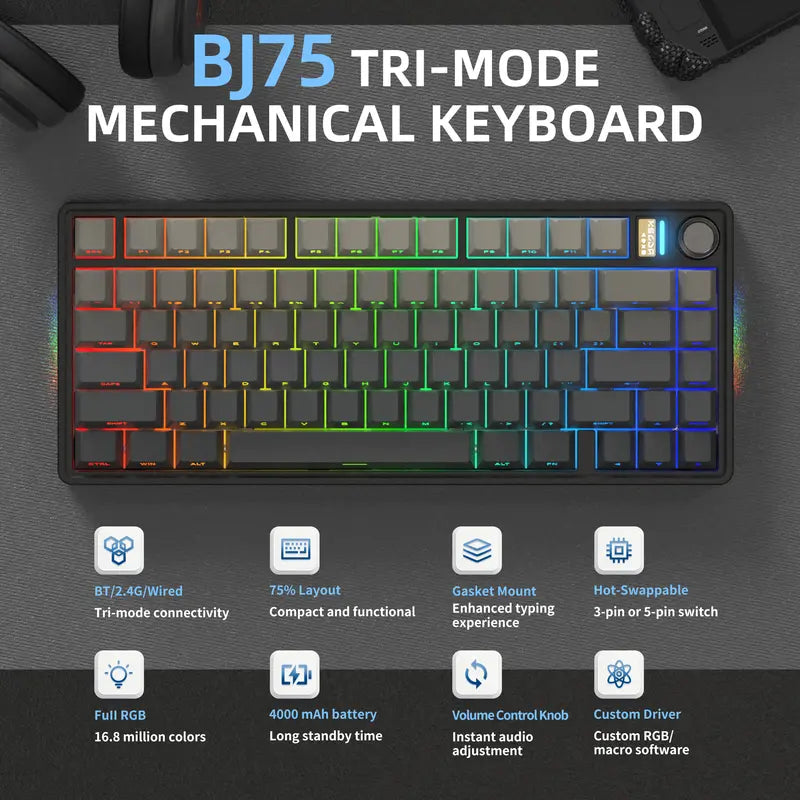 7KEYS BJ75 Compact Wireless Mechanical Gaming Keyboard - 75% Layout, RGB Lights, Gasket-Mount, Volume Knob, Tri-Mode Connection (Bluetooth 5.0-2.4G-USB-C), Hot-Swappable Switches, Side Lighting, Stable, Silicone Pad, Batteries Included, for Pc/Mac