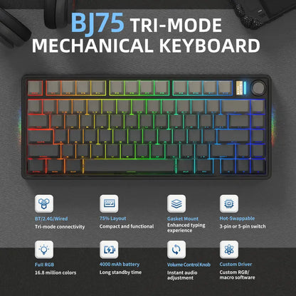 7KEYS BJ75 Compact Wireless Mechanical Gaming Keyboard - 75% Layout, RGB Lights, Gasket-Mount, Volume Knob, Tri-Mode Connection (Bluetooth 5.0-2.4G-USB-C), Hot-Swappable Switches, Side Lighting, Stable, Silicone Pad, Batteries Included, for Pc/Mac