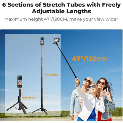 K&F Concept Invisible Mode Camera Selfie Stick Tripod - 120Cm/47.2In Portable Aluminium Adjustable Compact Monopod, 1/4" Thread Extension Pole with Gopro Adapter, Compatible with Insta360 X5/X4/X3, Gopro Hero 13/12/11, DJI OSMO 360 Pocket 3/XTRA, Stand, S
