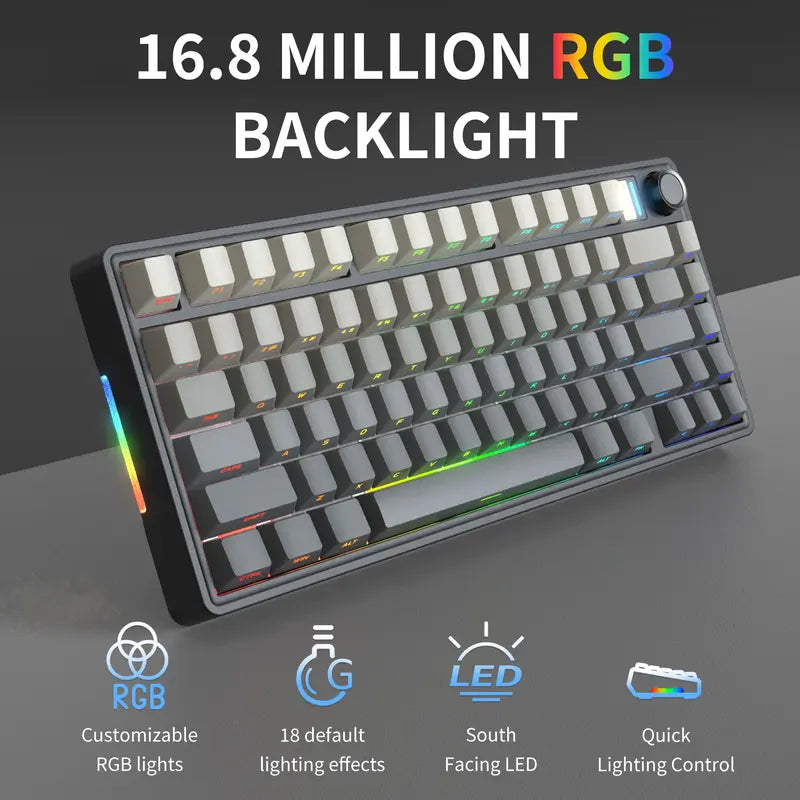 7KEYS BJ75 Compact Wireless Mechanical Gaming Keyboard - 75% Layout, RGB Lights, Gasket-Mount, Volume Knob, Tri-Mode Connection (Bluetooth 5.0-2.4G-USB-C), Hot-Swappable Switches, Side Lighting, Stable, Silicone Pad, Batteries Included, for Pc/Mac