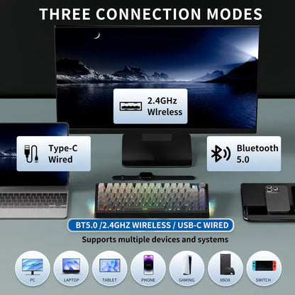 7KEYS BJ75 Compact Wireless Mechanical Gaming Keyboard - 75% Layout, RGB Lights, Gasket-Mount, Volume Knob, Tri-Mode Connection (Bluetooth 5.0-2.4G-USB-C), Hot-Swappable Switches, Side Lighting, Stable, Silicone Pad, Batteries Included, for Pc/Mac