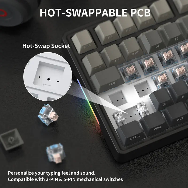 7KEYS BJ75 Compact Wireless Mechanical Gaming Keyboard - 75% Layout, RGB Lights, Gasket-Mount, Volume Knob, Tri-Mode Connection (Bluetooth 5.0-2.4G-USB-C), Hot-Swappable Switches, Side Lighting, Stable, Silicone Pad, Batteries Included, for Pc/Mac
