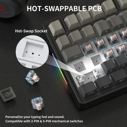 7KEYS BJ75 Compact Wireless Mechanical Gaming Keyboard - 75% Layout, RGB Lights, Gasket-Mount, Volume Knob, Tri-Mode Connection (Bluetooth 5.0-2.4G-USB-C), Hot-Swappable Switches, Side Lighting, Stable, Silicone Pad, Batteries Included, for Pc/Mac